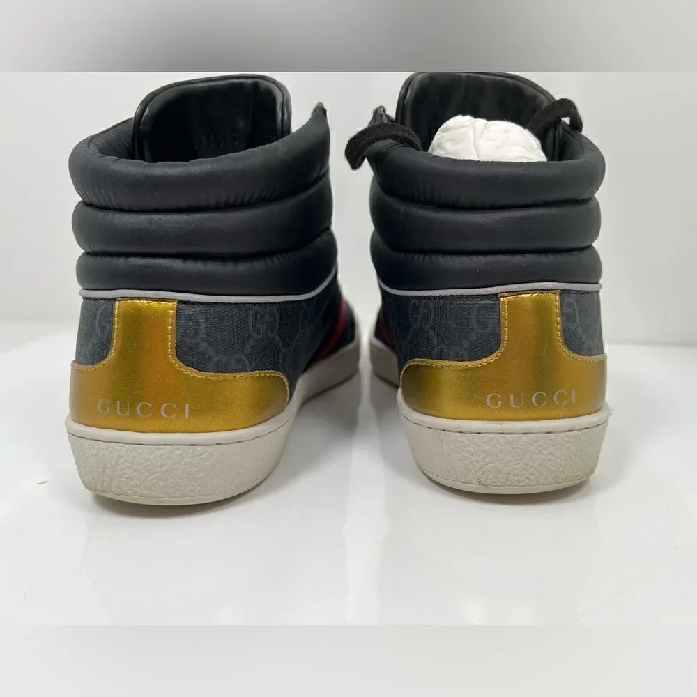AUTH GUCCI MEN CANVAS GG LOGO PRINT ACE HIGH TOP GOLD BACK SNEAKERS SIZE 8